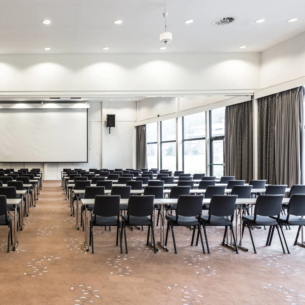 A large, empty conference room with rows of black chairs and tables facing a blank white projection screen. Beige carpet with pattern, windows on the right with closed curtains.