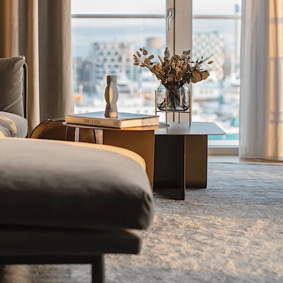 Et lite bord holder en vase med tørkede blomster og bøker, en med tittelen "TERRY O’NEILL", ved et stort vindu med byutsikt, ved siden av en sofa i et godt opplyst rom.