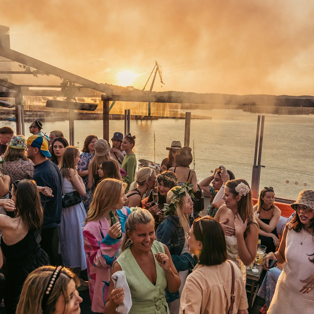 A lively group of people enjoying a social gathering on a waterfront deck at sunset.