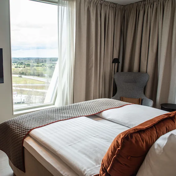 A double room with a double bed and great view at Quality Hotel™ Arlanda XPO near Stockholm Arlanda airport. 