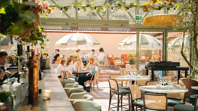 Folk sitter ved bord under store parasoller på en solfylt terrasse, omgitt av potteplanter og myk belysning. En bardisk er synlig til venstre.