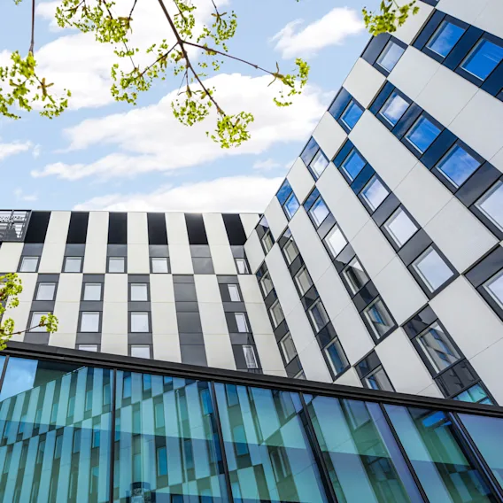 Rakennus, jossa on geometrisia kuvioita, seisoo sinisen taivaan alla. Vihreät oksat kehystävät näkymää ja luovat kontrastin arkkitehtuurille. Yläosassa lukee "CLARION HOTEL & CONGRESS."