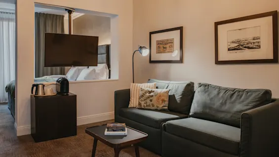 Viihtyisä oleskelutila sohvalla ja sohvapöydällä, yhdistetty makuuhuoneeseen TV:llä, Home Hotel Victoriassa.