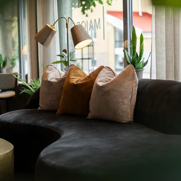 An inviting lounge area with a dark curved sofa, plush pillows, and warm lighting, perfect for relaxation.