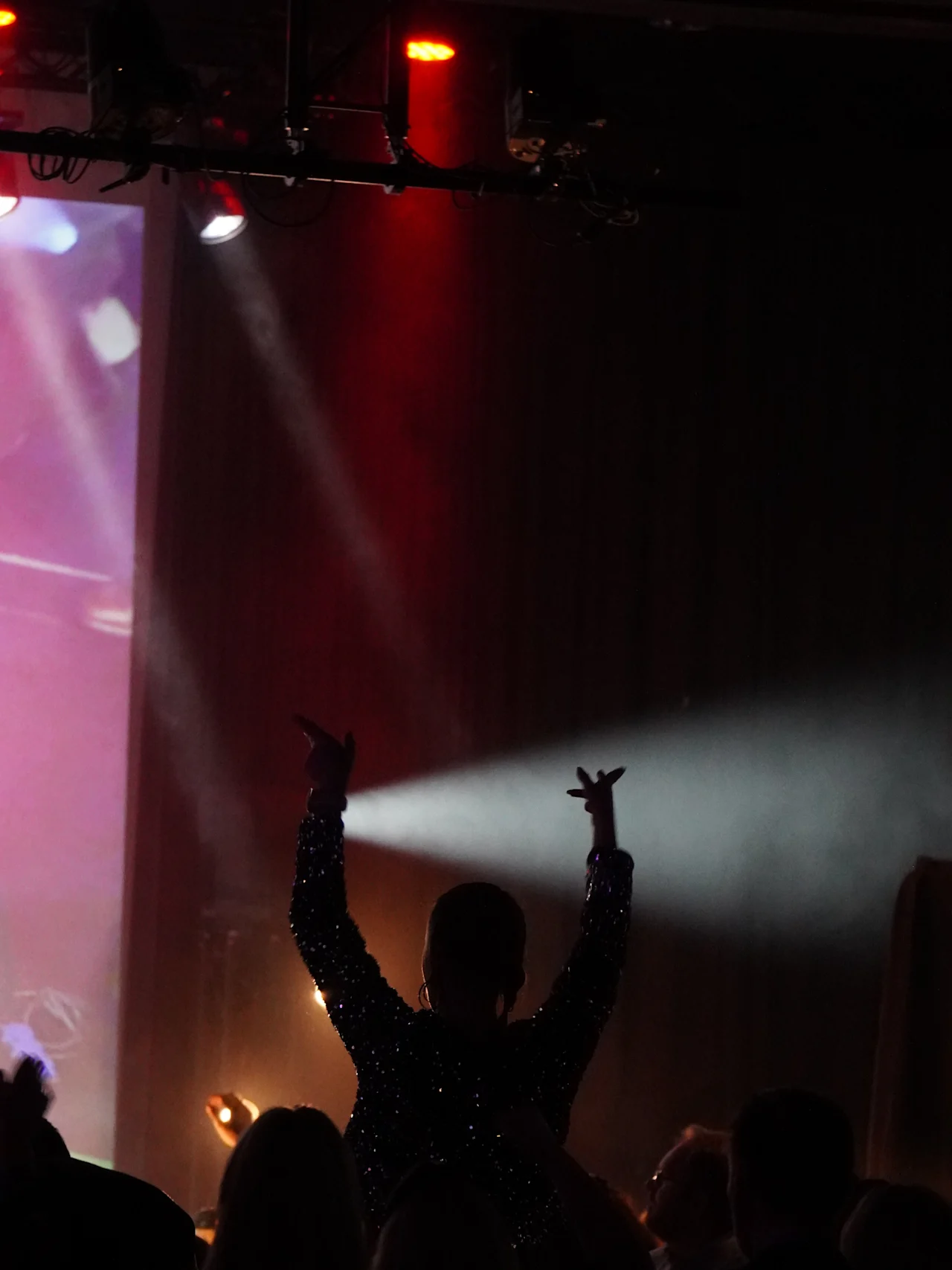 A person in silhouette raises their arms energetically on a dark stage lit by red and white spotlights, surrounded by an audience in a dimly lit room.