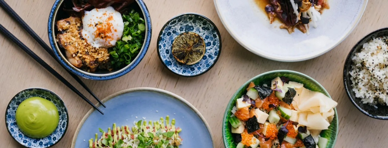 Colourful food on a table at restaurang TAK in Stockholm.