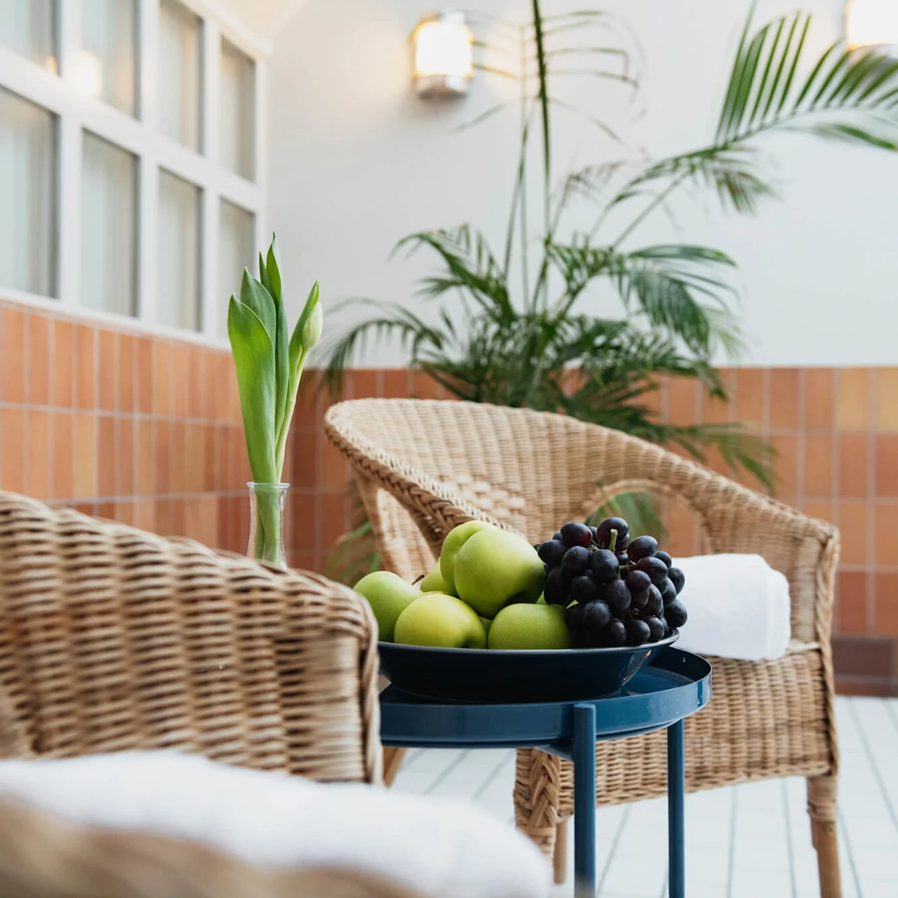 Wicker chairs sit in a bright room with tiled walls, surrounding a small table holding green apples and grapes, flanked by potted plants.