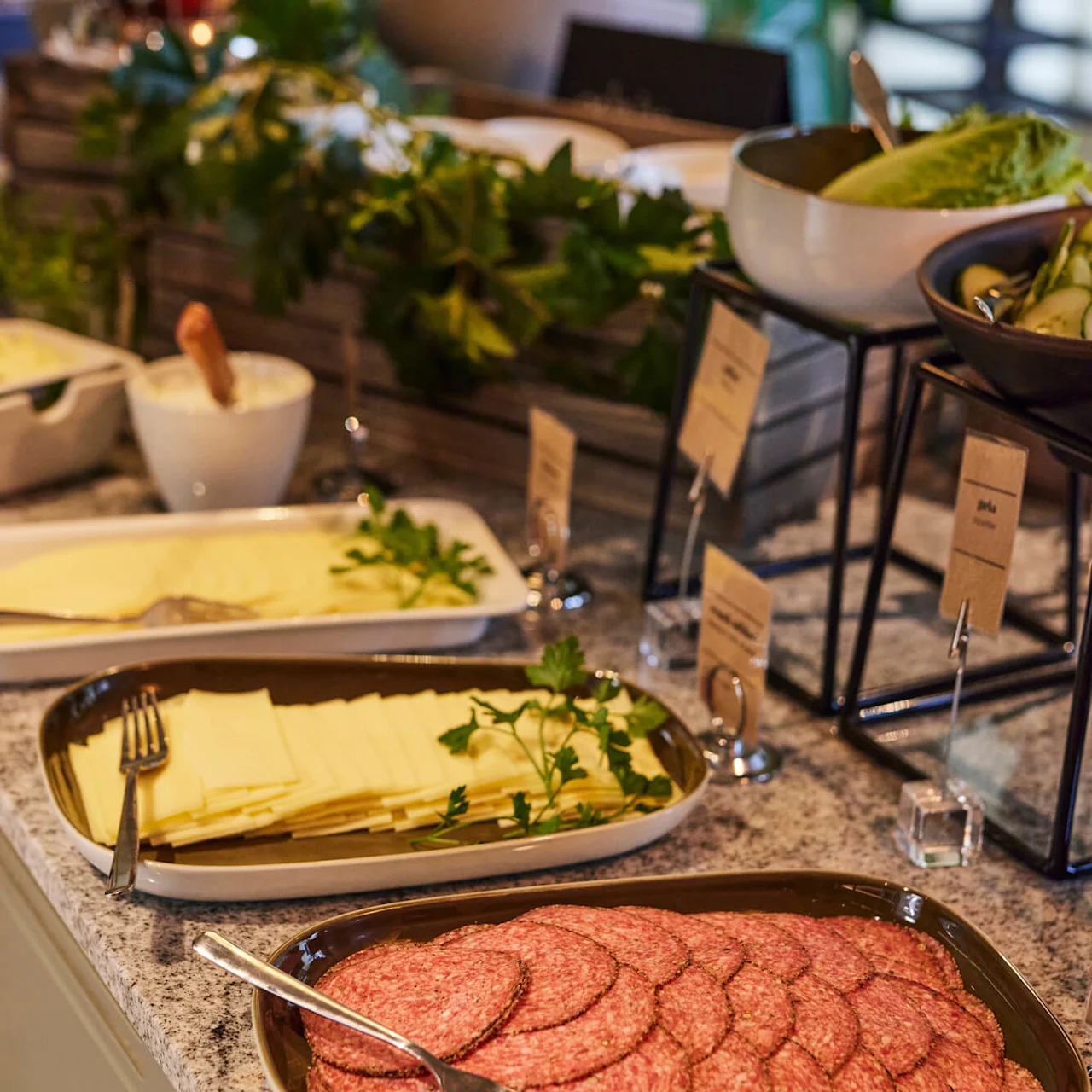 En fat med skivet salami pent arrangert ved siden av brett med ost og salat ingredienser, plassert på en benkeplate med bladpynt i buffet-miljø. Ingen tekst synlig.
