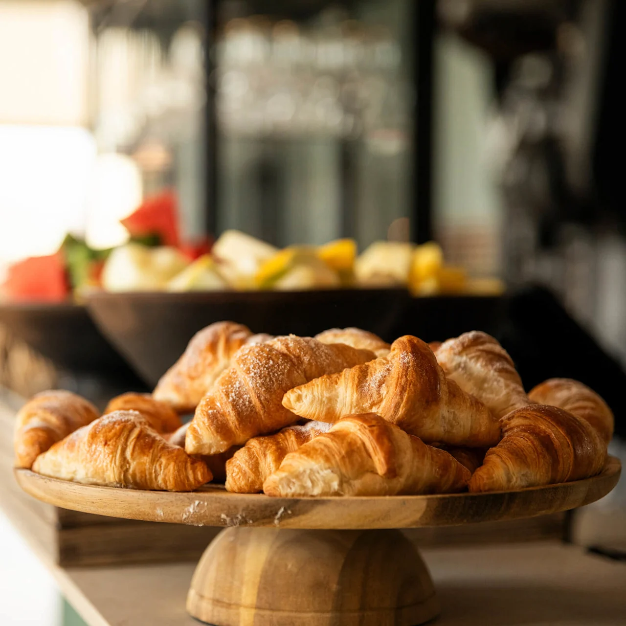 Croissanter vilar på ett träfat, framställda i ett solbelyst rum med fruktskålar i bakgrunden.