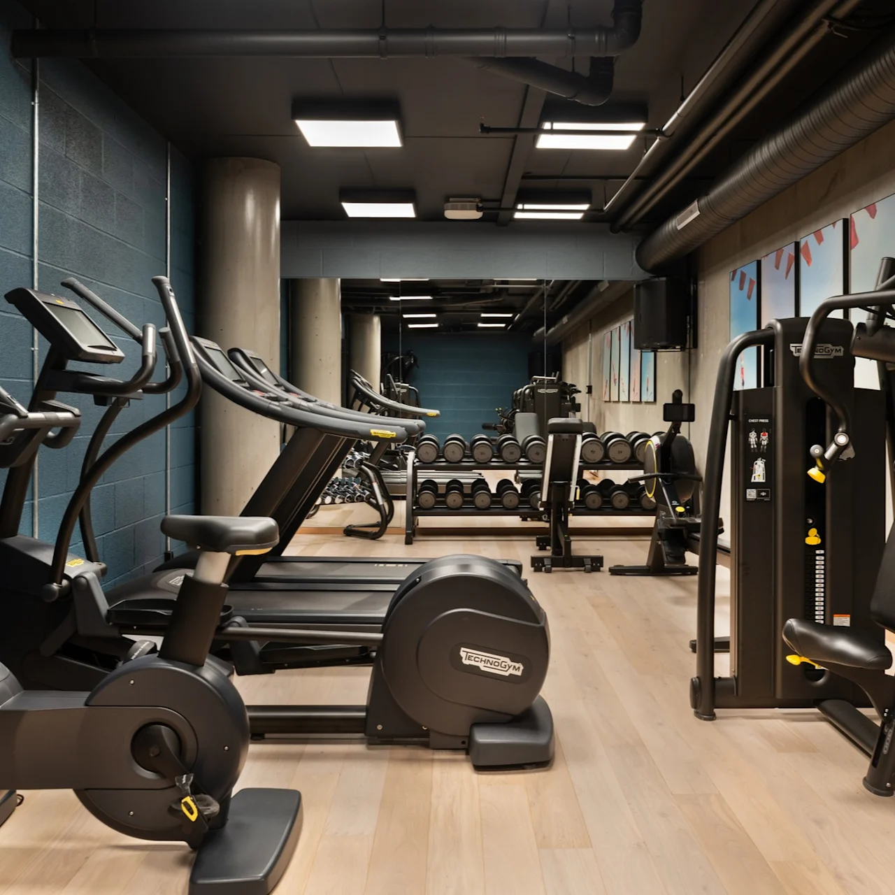 Treningsutstyr stilt opp i et moderne treningsstudio med blå og grå vegger og tregulv. "Technogym" er synlig på maskinene.