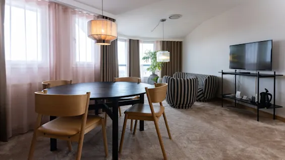 Round dining table with wooden chairs is set in a carpeted living room. Nearby, a striped armchair and a TV on a stand enhance the cozy ambiance. Sunlight filters through sheer curtains.