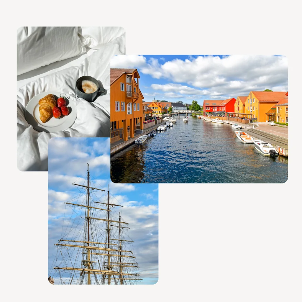 En kollasje av reiseopplevelser: frokost på sengen, en livlig kanalby med båter, og en majestetisk mast på et seilskip.