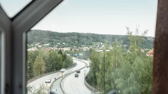 En vy från ett fönster visar en väg som slingrar genom ett frodigt, grönt landskap med spridda hus och en tät skog i bakgrunden. Det är en lugn, mulen dag med en blandning av natur och förort.
