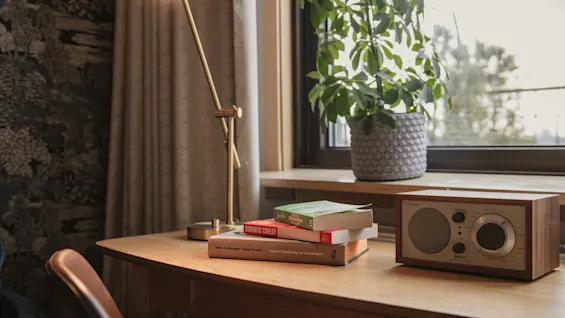 Home Hotel Wellington: Lyst skrivebord med tændt lampe, bøger som Romantic Comedy, og radio ved vindue.