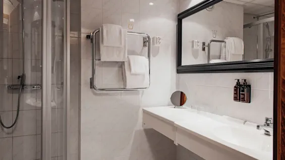 Ett rent och modernt hotellbadrum med en glasdusch, en handdukstork och ett handfat med en stor spegel.