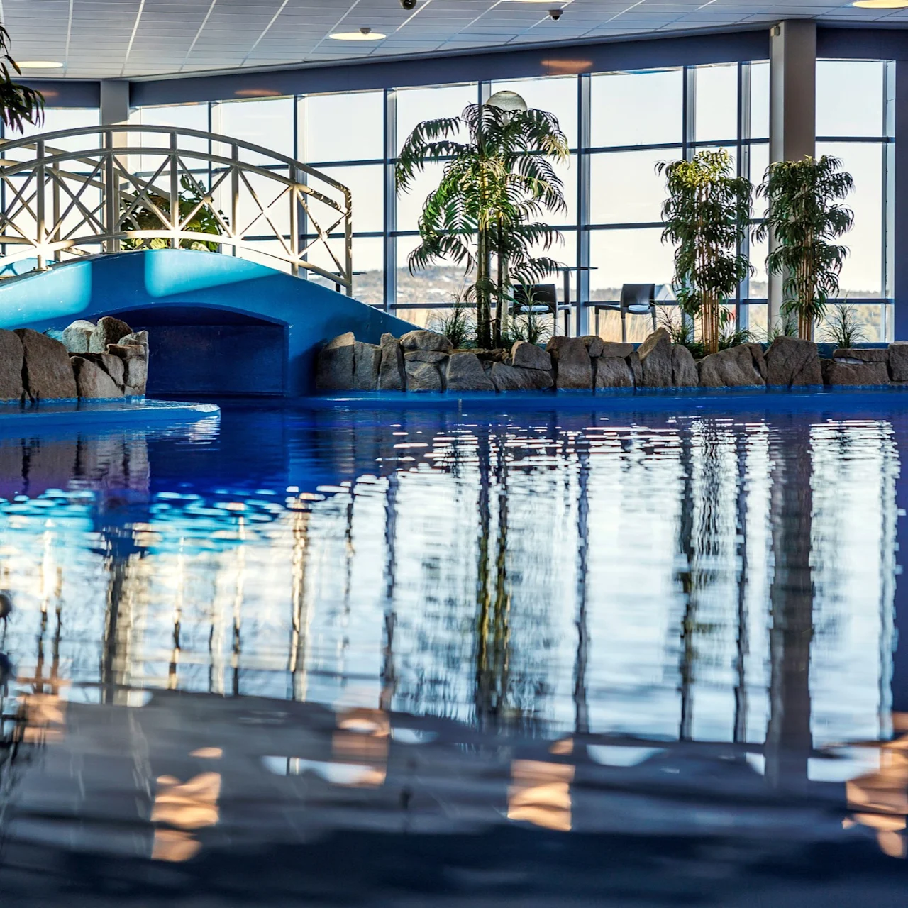 A serene indoor swimming pool features a small arched bridge. Surrounding the pool are plants and large windows, creating a relaxing atmosphere bathed in natural light.