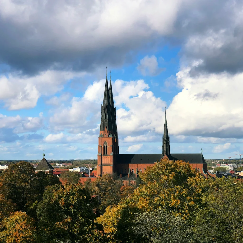 Uppsala tuomiokirkko seisoo korkeana syksyisten puiden keskellä, näkymä kaupunkiin dynaamisen taivaan alla.