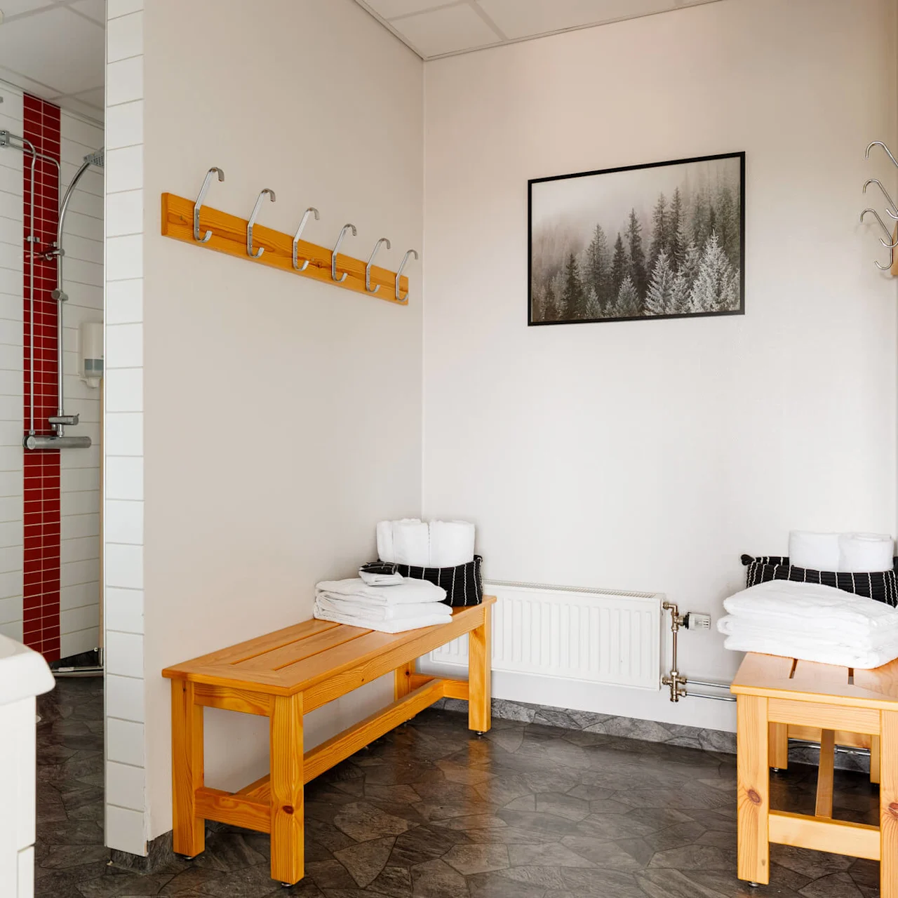 Duschrum med träbänkar med vikta handdukar, väggkrokar och två duschhuvuden över vita och röda kaklade väggar, inramad skogsbild ovanför radiator.