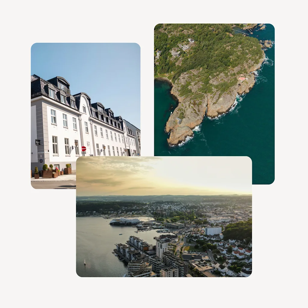 En trio naturskjønne utsikter: en elegant byfasade, et dramatisk kystlandskap og en travel havneby i solnedgangen.