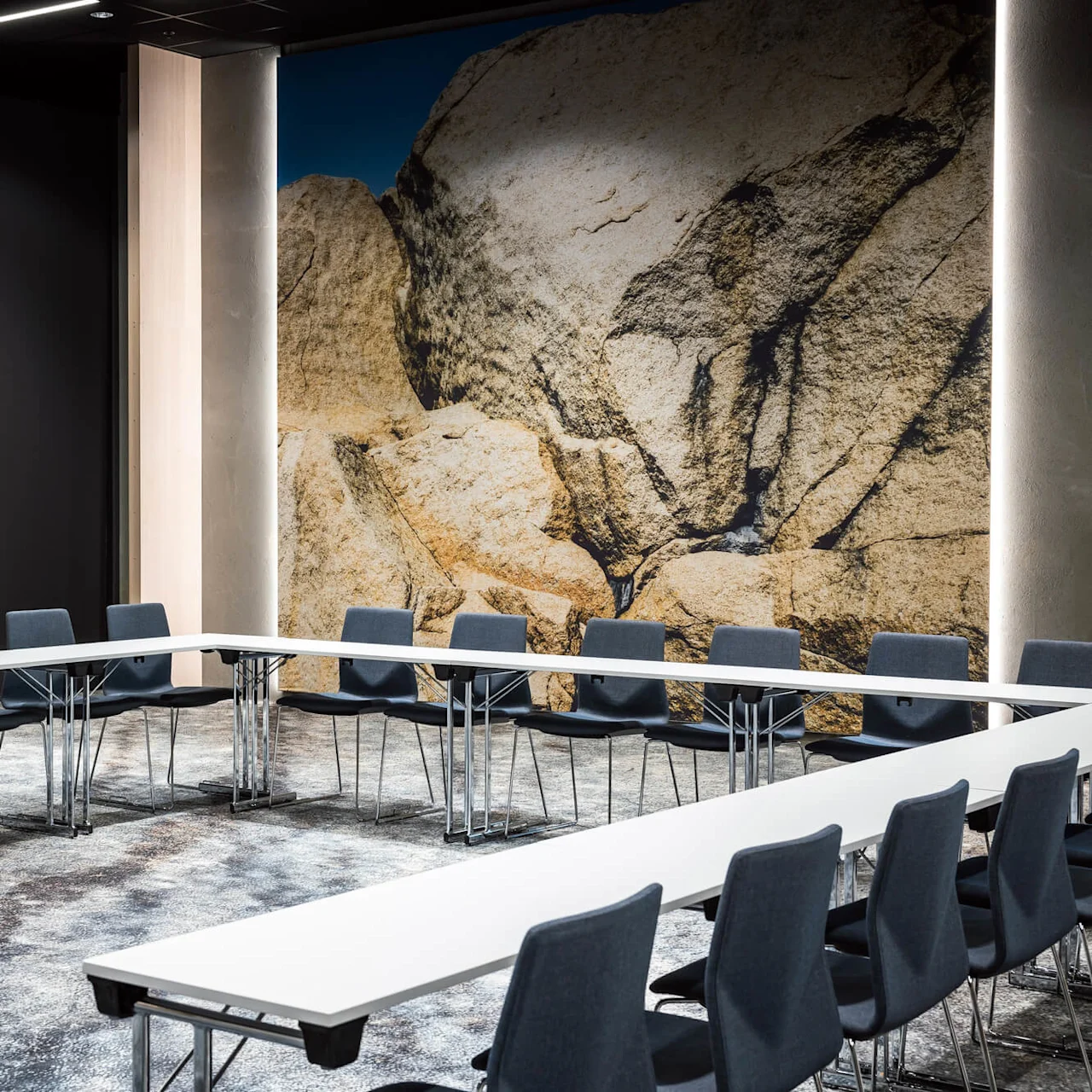 U-formet bord med grå stole arrangeret i et moderne konferencelokale; en væg har et stort vægmaleri af klippeterræn, der giver en naturlig stemning.