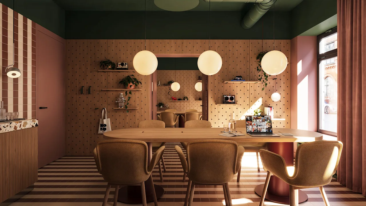 A modern meeting room with a large wooden table, stylish chairs, and warm round pendant lights.