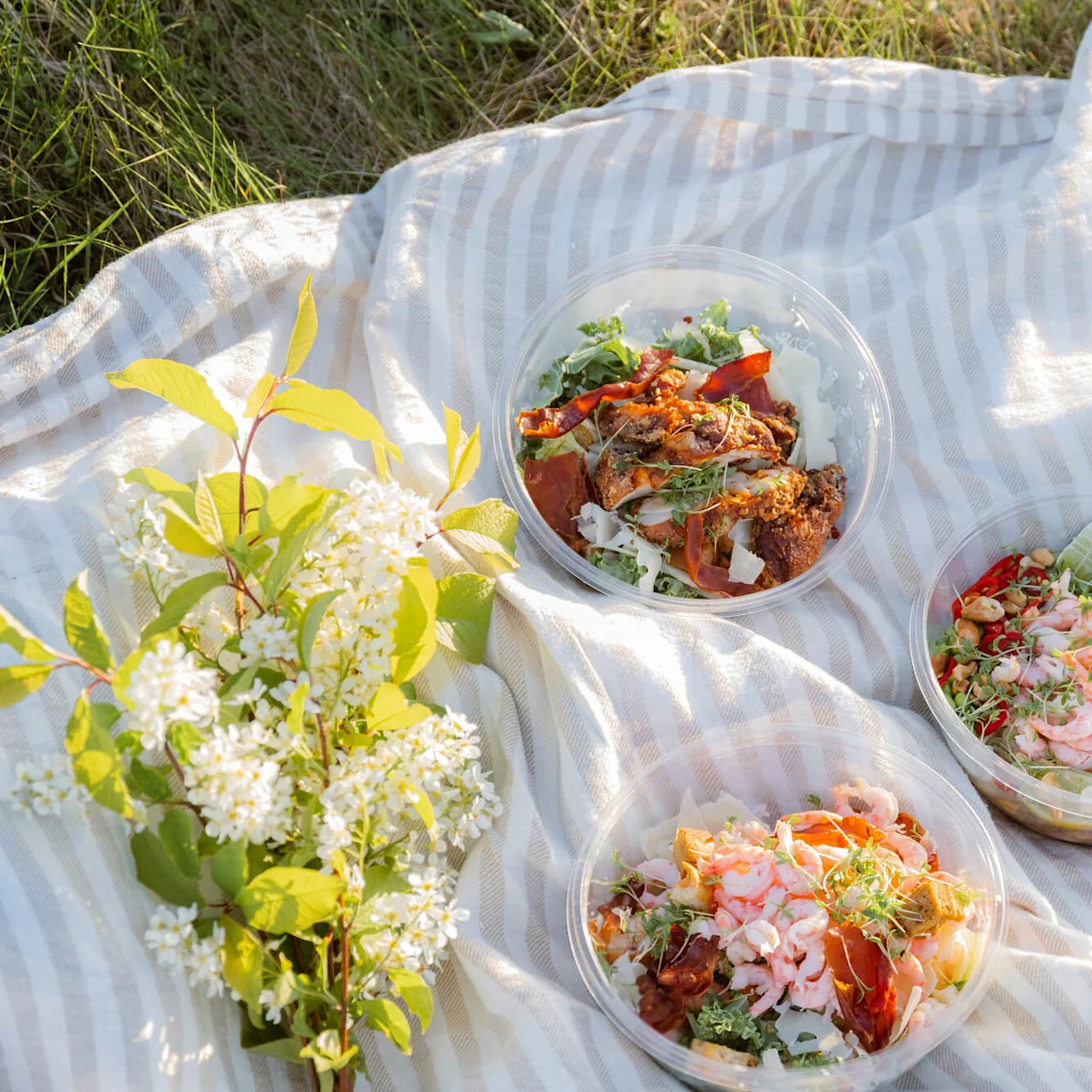 Tre boller med salat ligger på et stripet teppe, omgitt av gress og blomster. Salatene inneholder blandet grønt, reker, kylling og ulike pålegg.