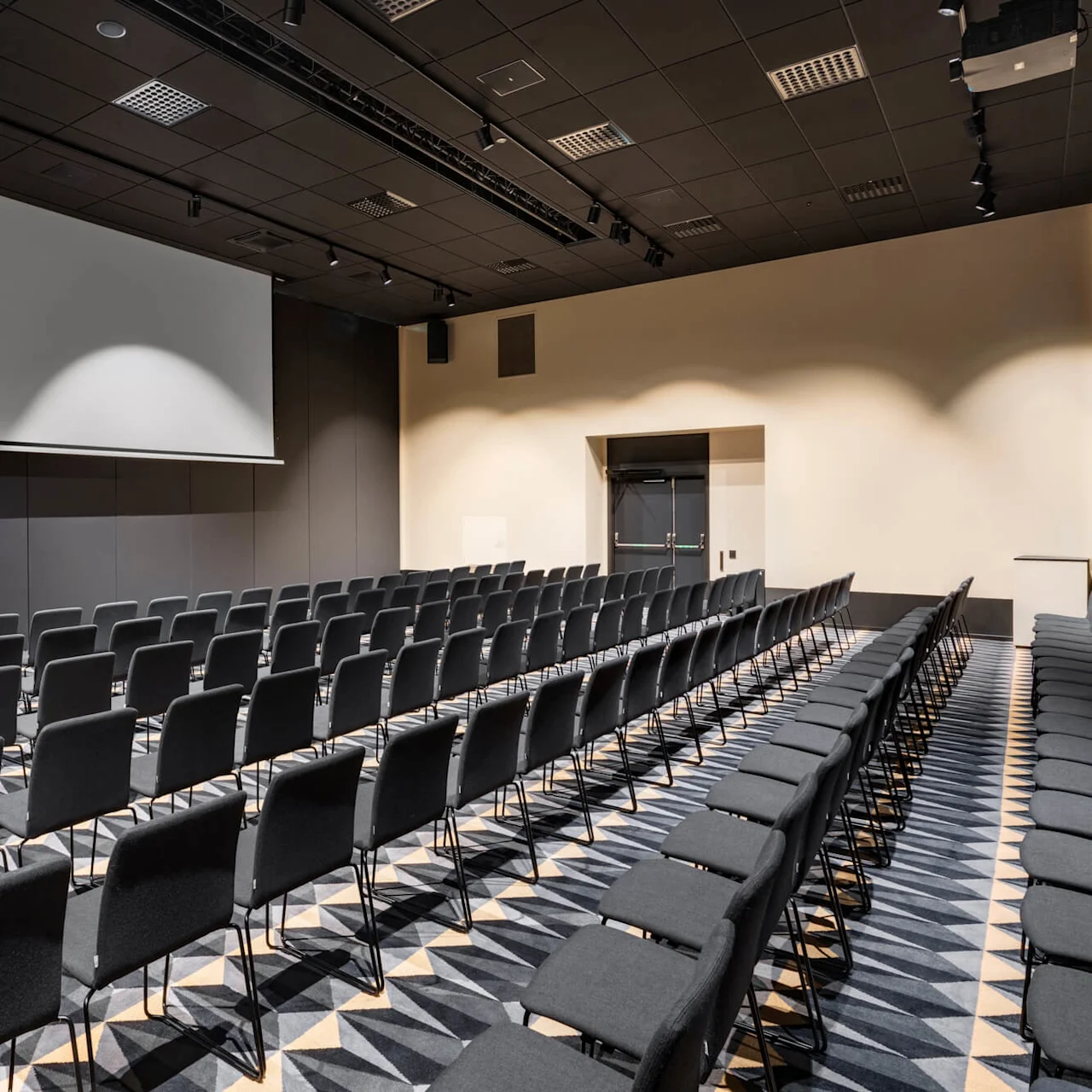 Rader av svarta stolar står i ett tomt konferensrum. En stor skärm finns på den främre väggen, med en mönstrad matta på golvet.