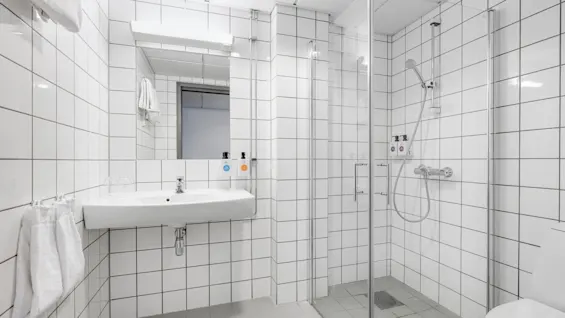 Moderne badeværelse med vægmonteret hvid vask og spejl, tilstødende glasbruseniche og hvide flisevægge. Foldede håndklæder hænger på væggen og skaber et rent miljø.