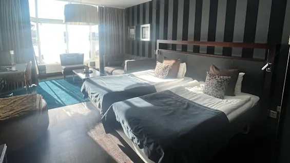 Two neatly made beds, positioned side by side, receive sunlight through a large window in a hotel room with dark-striped walls and modern furniture.