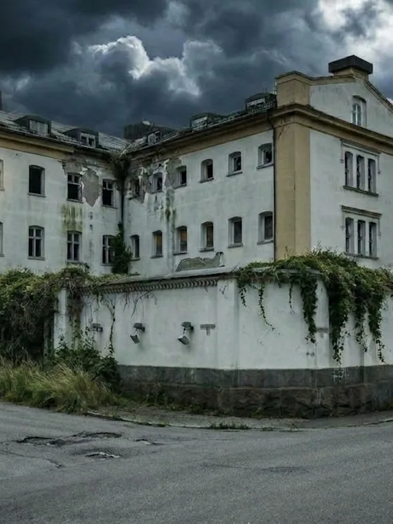 En gammel, forladt bygning under en mørk og stormfuld himmel med et enkelt lysende vindue.