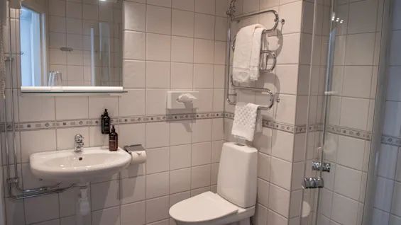 Et lyst og ryddeligt hotelbadeværelse med håndvask, spejl, toilet og bruser, klar til et behageligt ophold.