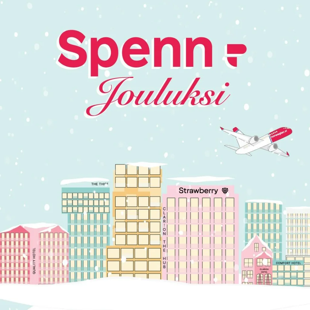 Tyyliin piirretty kaupunkisiluetti lumisateessa lentokoneen lentäessä ja teksti "Spenn-Joululksi."