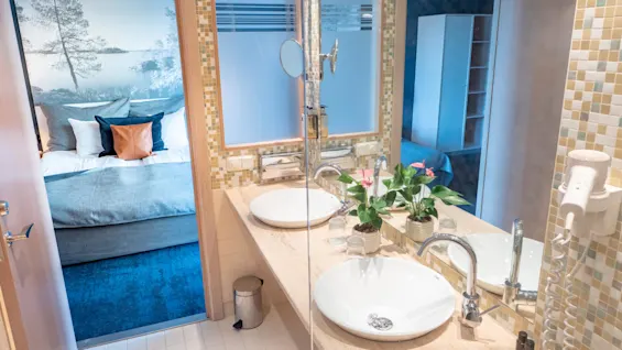 Badrumsbänk med två handfat, en växt, en hårtork och toalettartiklar i ett hotellrum. I spegeln reflekteras ett sovrum med en säng och landskapskonst.