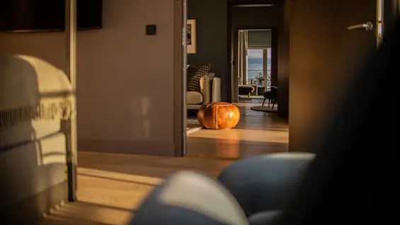 En solbelyst gang har en læderpuf placeret på trægulv. Åbne døre viser en hyggelig stue med sofa og lænestol, der leder til et vinduesudsigt.