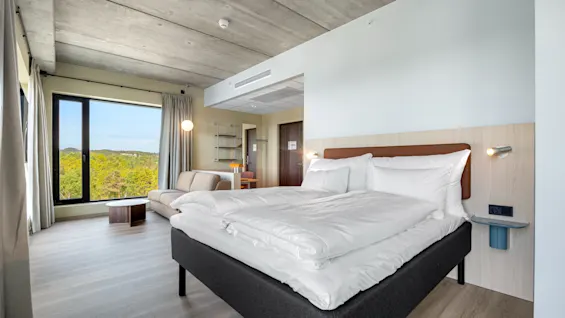 A modern hotel room with a large bed, a comfortable sofa, and a window offering a scenic view of nature.
