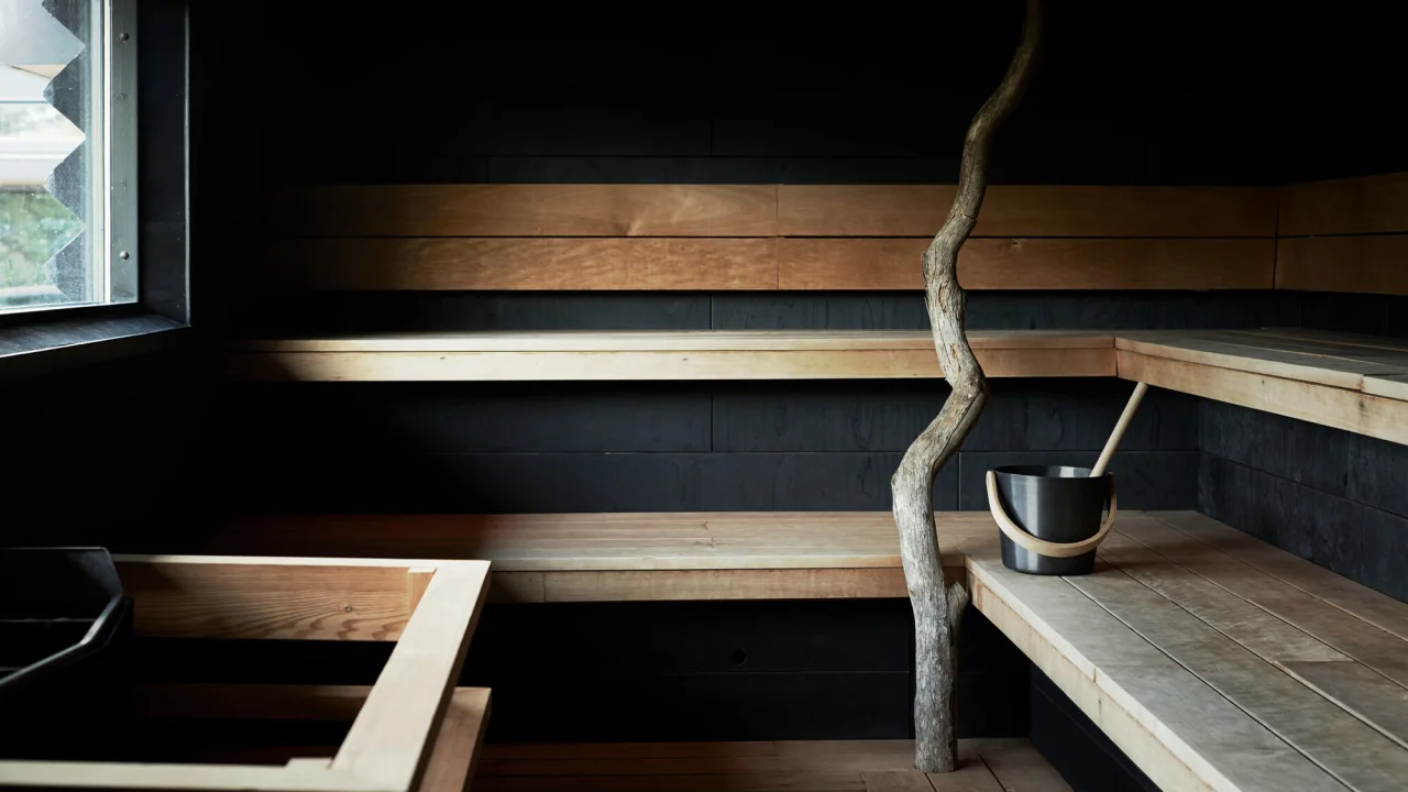 A wooden sauna with benches and a ladle with a bucket, illuminated by natural light through a window.