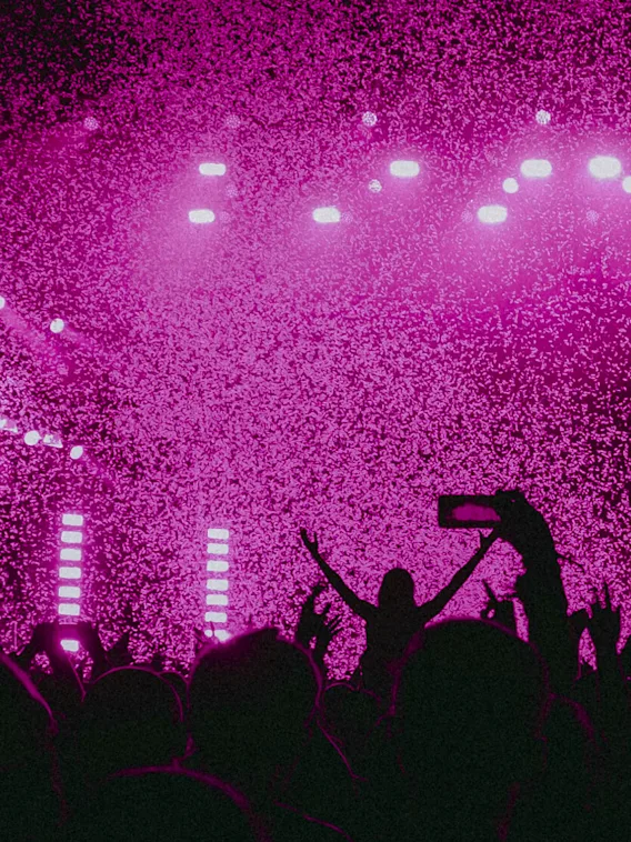 En folkmassa på en konsert, med upplyfta händer och mobiltelefoner, upplysta av rosa scenljus.