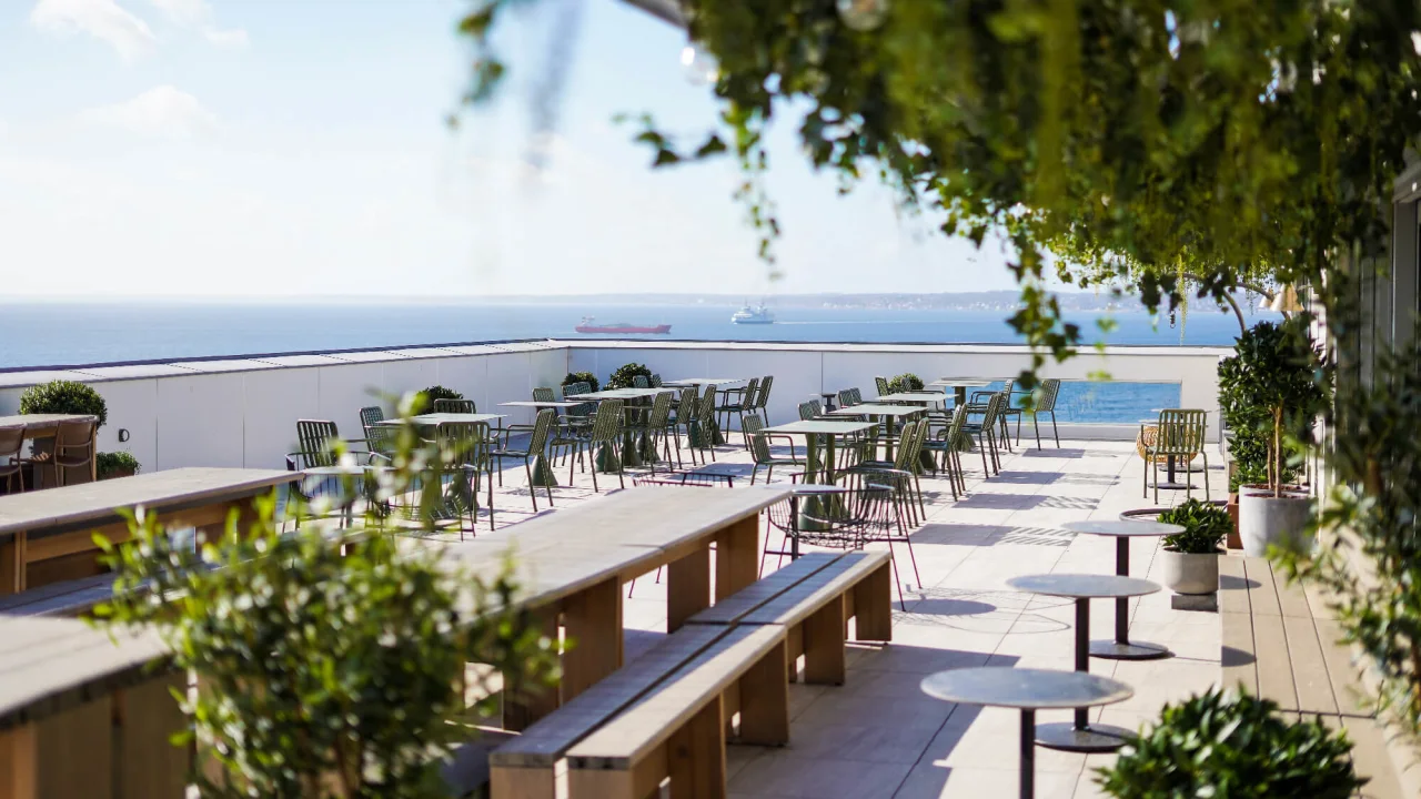 Terrace with sea view at Rooftop Bar in Helsingborg.