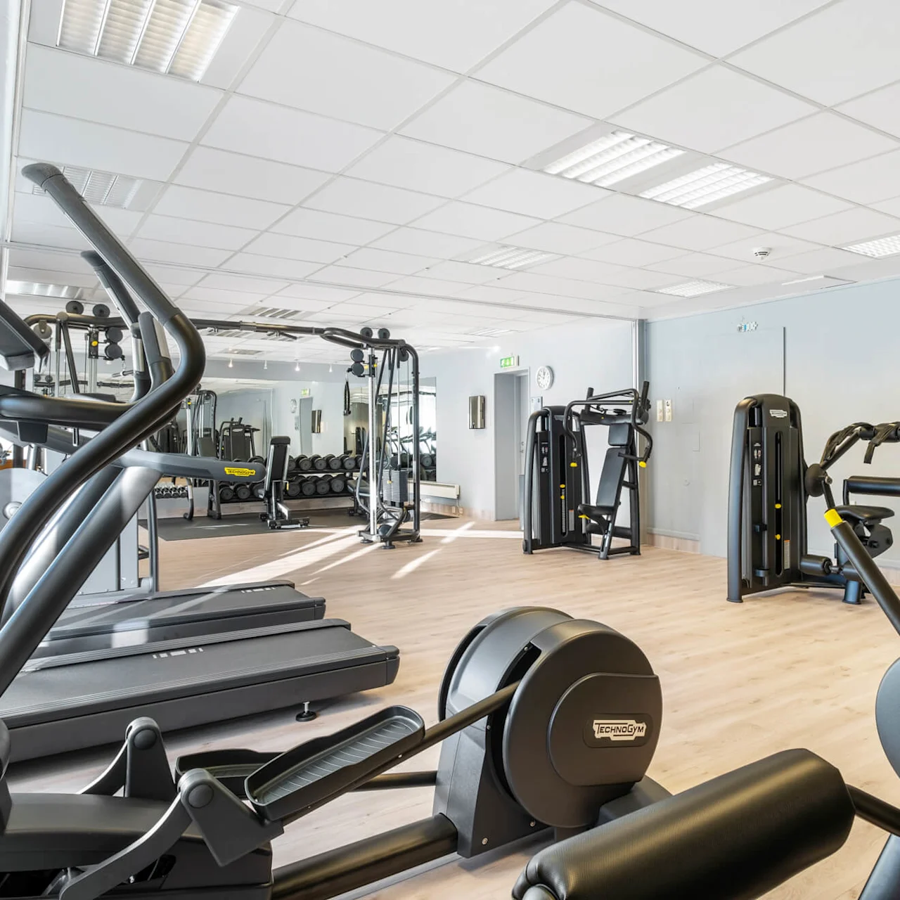 Ett gym med olika träningsmaskiner inklusive löpband och bicepscurl. Rummet är rymligt, välbelyst, med speglar och ljust trägolv. "TECHNOGYM", "LEG CURL".