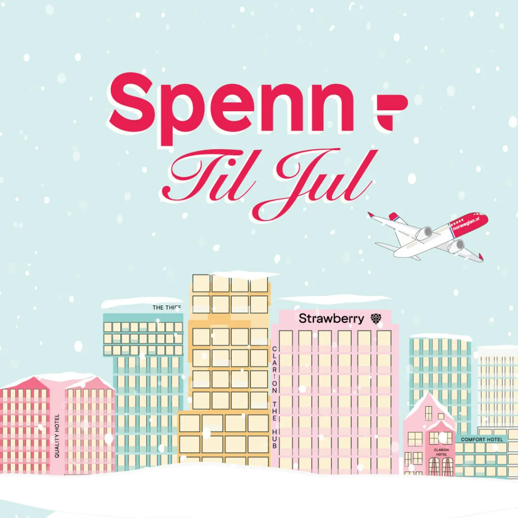 Et fly flyver over sneklædte bygninger mod en lyseblå, snefyldt himmel med teksten "Spenn - Til Jul".