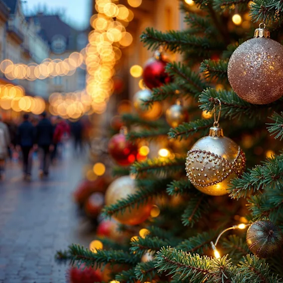 Nærbilde av gylne julekuler på et tre med varme julelys og en uskarp gate i bakgrunnen.