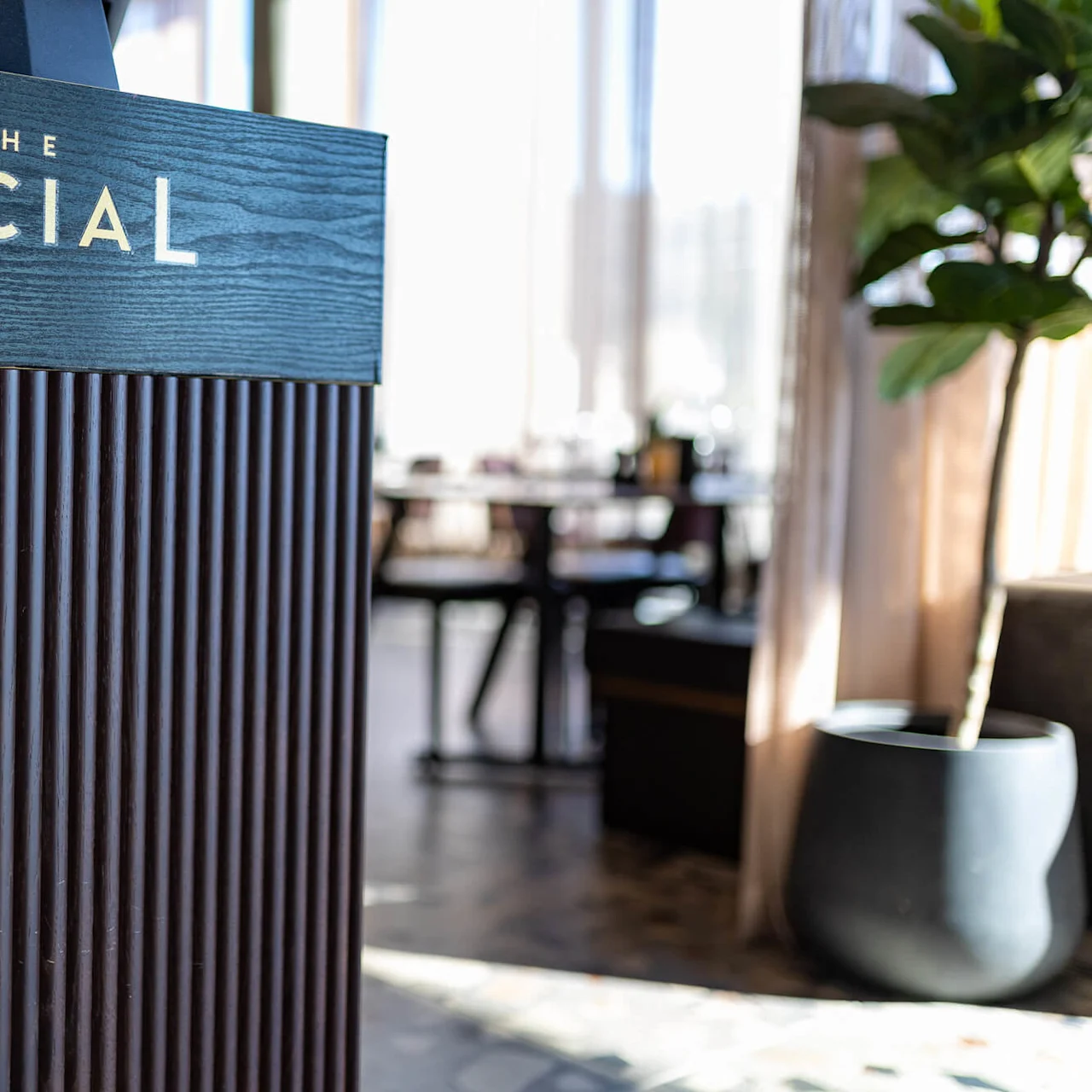 Ett mörkt, räfflat ställ visar texten "THE SOCIAL" i en välbelyst, modern interiör med en växt och suddiga bord i bakgrunden.