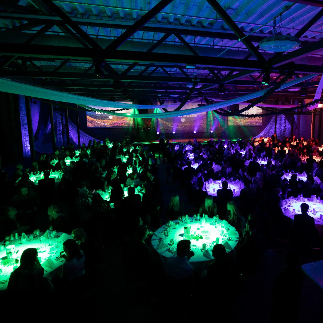 Guests sit at round tables under vibrant green and purple lights in an elegant banquet hall, creating a lively and festive atmosphere.