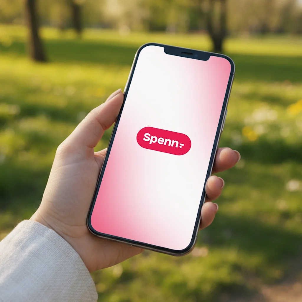 En person håller en smartphone som visar en app med texten Spenn, mot en suddig grön utomhusbakgrund.