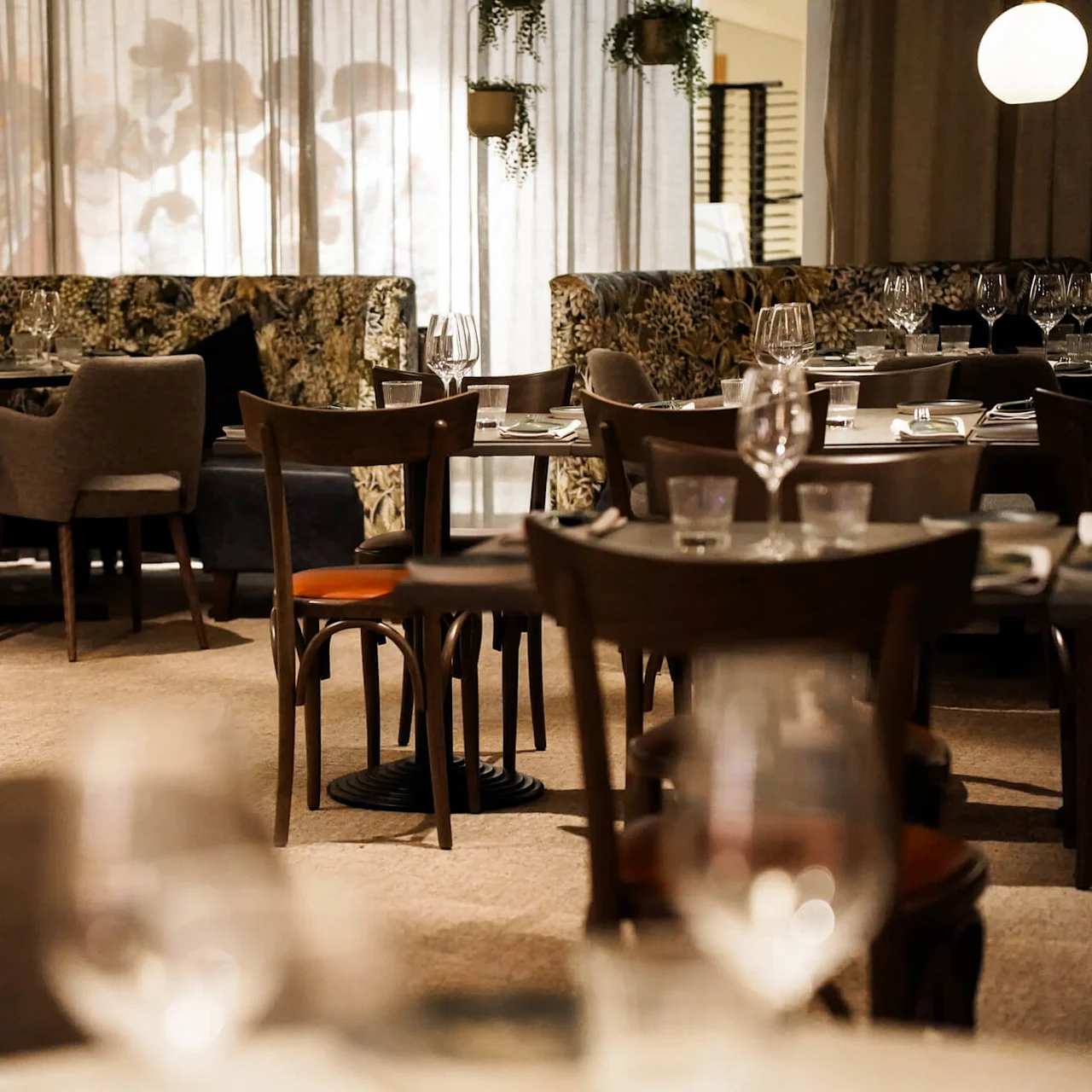 Bord och stolar är elegant arrangerade i en svagt upplyst restaurang, omgivna av hängande växter och dekorativ belysning, vilket skapar en mysig och intim atmosfär.