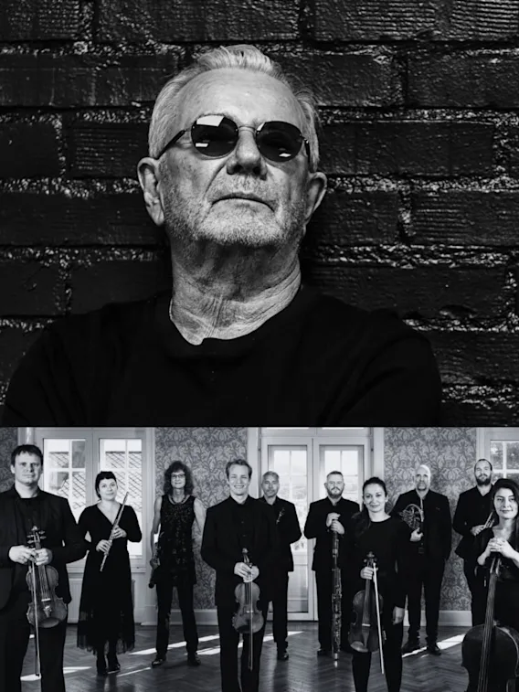 Svart-hvitt kollasj med artisten Åge Aleksandersen øverst og Operaens Sinfonietta-musikerne med sine instrumenter nederst.