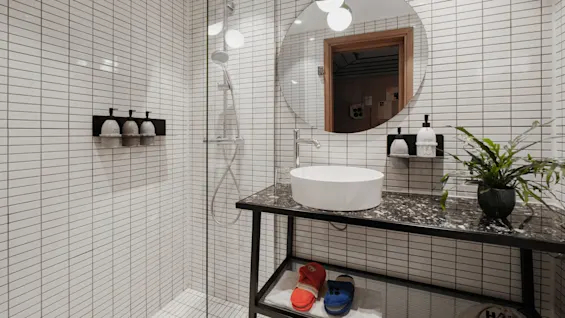 Shower and sink in a modern bathroom with white tiles. A round mirror and a plant add decoration. Soap, lotion, and bath products are mounted nearby. Bright lighting enhances the space.