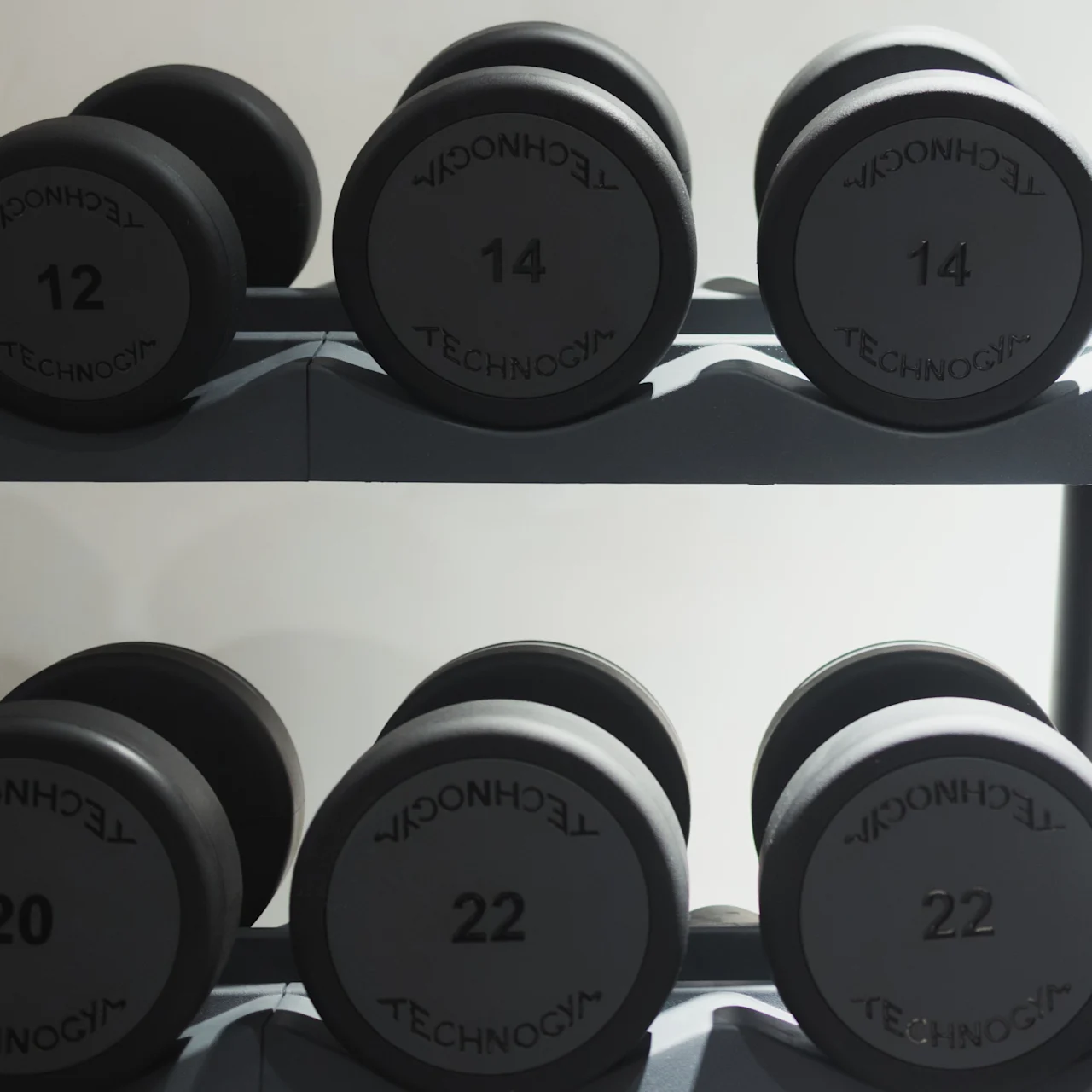 Håndvægte hviler på et gråt metalstativ; vægte markeret som "TECHNOGYM" med numre: 12, 14, 14, 20, 22, 22. Fitnessmiljø.