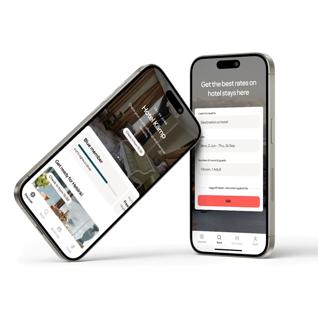 Two smartphones displaying a hotel booking app. One shows 'Blue member' status, the other 'Get the best rates on hotel stays here'.