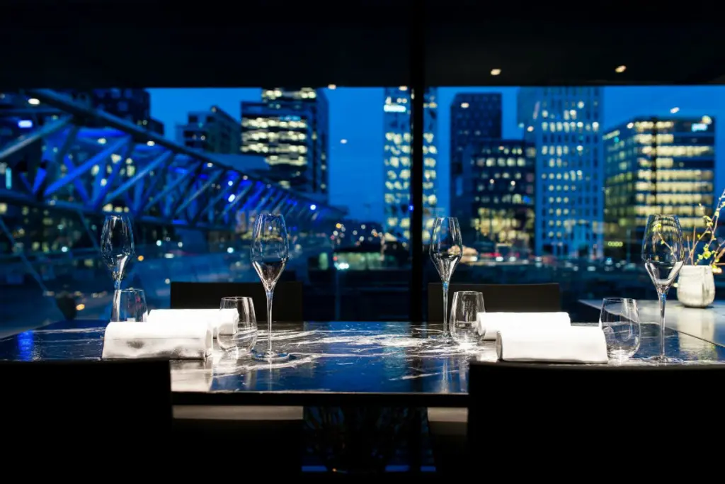 Table at Maaemo with a view over Barcode in Oslo